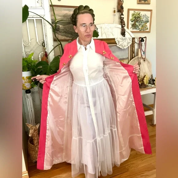 Vintage 1960’s Opera Jacket With Gold Knot Buttons Soft Pink Lining STUNNING Trench Coats